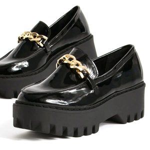 New Women Black Patent Gold Chain Platform Penny Loafers